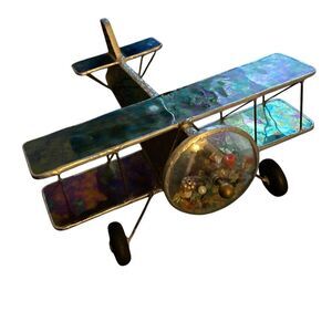 Vintage Artisan Stained Glass Kaleidoscope iridescent Bi-Plane Airplane Bespoke